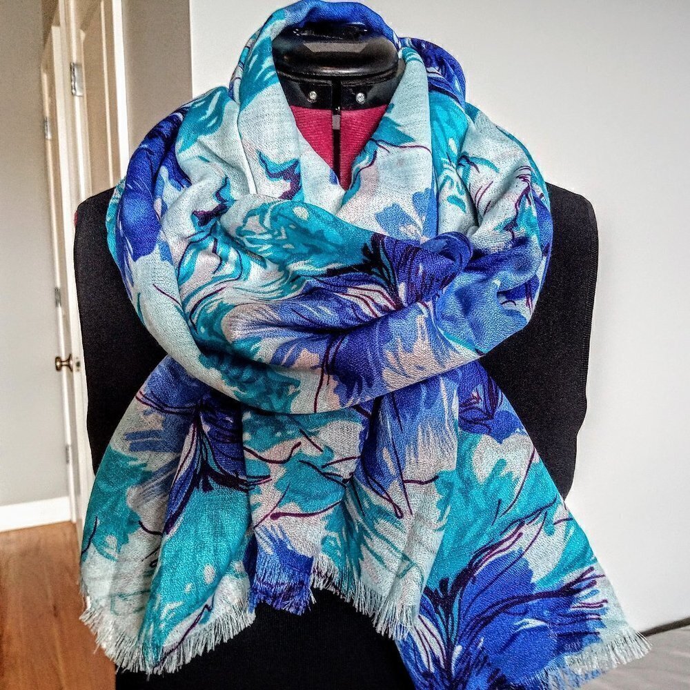 Blue Print Woven Fringed Oblong Scarf Wrap